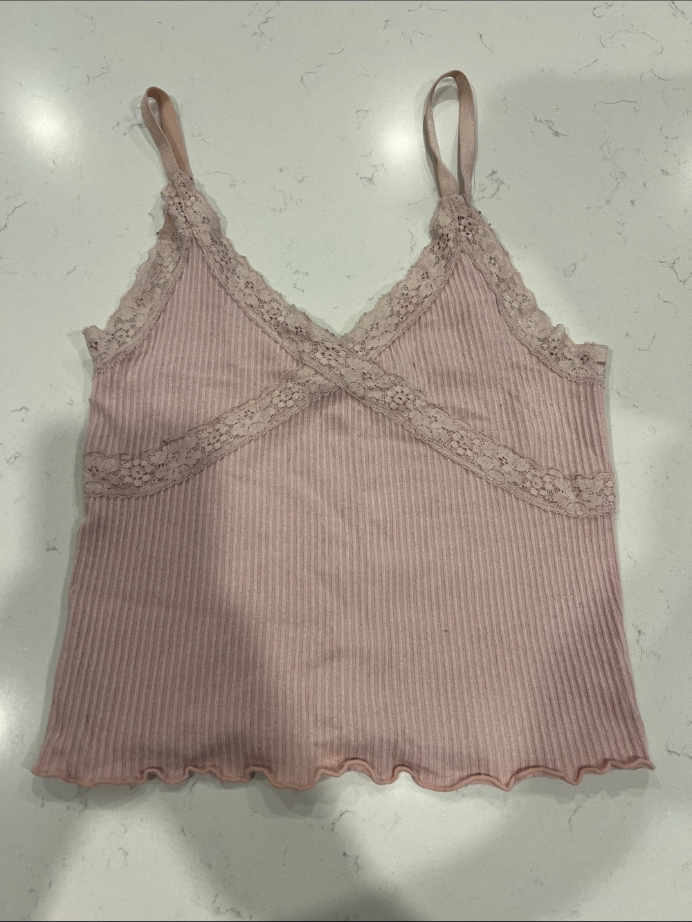 Urban Planet Ribbed Lace-Trim Cami - Light Pink
